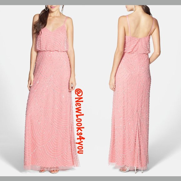 NEW Adrianna‎ Papell Art Deco Beaded Blouson Gown in Sorbet Pink [SZ 10 ] - Picture 4 of 11